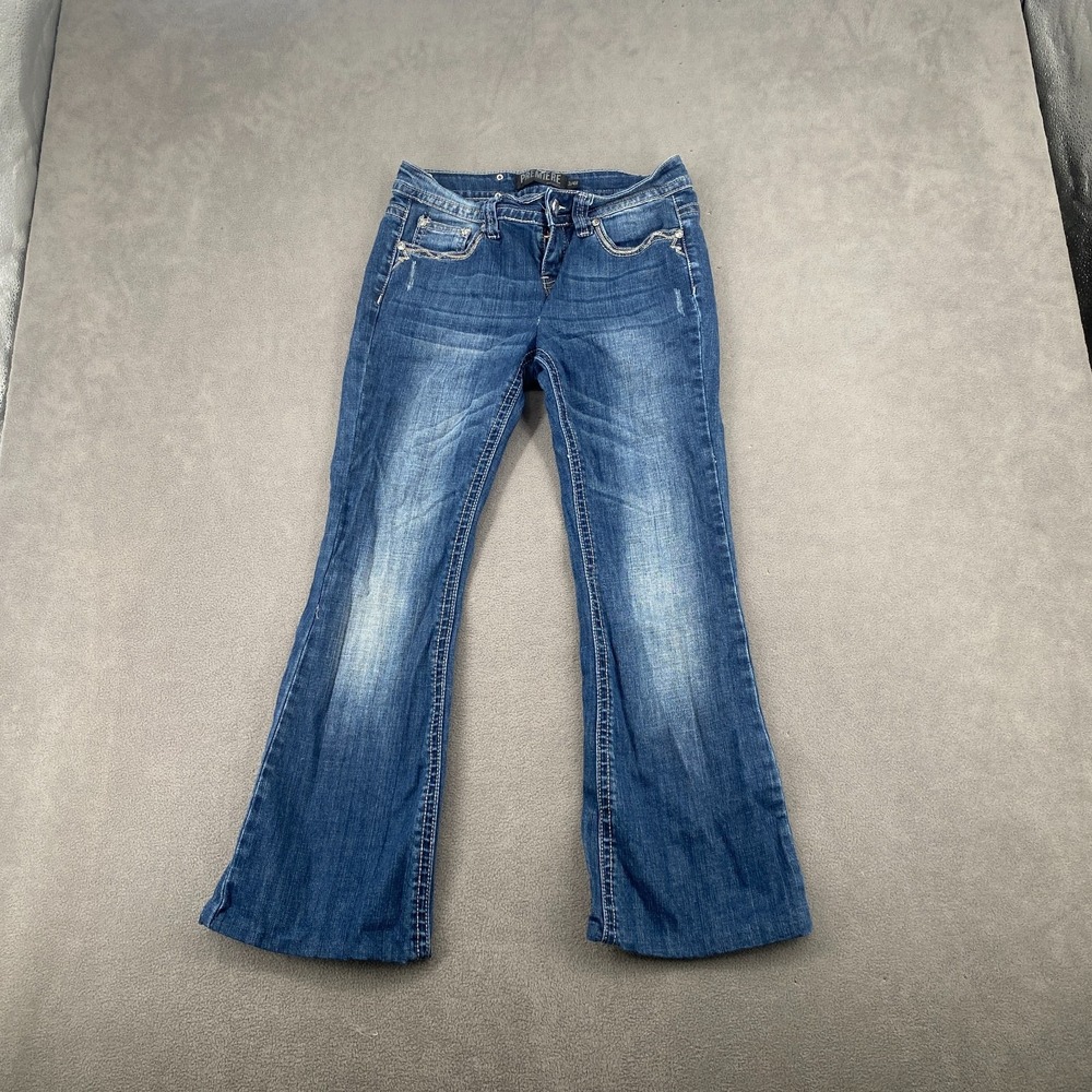 Premiere by Rue21 Jeans Y2K Sz 3/4 Blue Denim Thick Stitch Studded Rhinestone